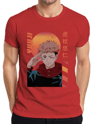 Obrázok produktu pre Jujutsu Kaisen Itadori Yuji winking anime darčekové retro pánske tričko, červené, S