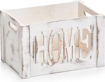 A white wooden storage box with the word 'HOME' cut out of the sides.