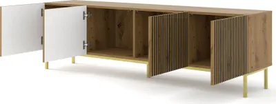 A modern TV cabinet with multiple doors and compartments, shown against a white background.