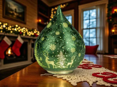 A festive Christmas-themed scene with a decorative glass drop on a table, with a fireplace and stockings in the background.