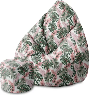 Produktbild von Dreamroots Bean Bag Bean Bag 80x80x120cm Sitzsack mit Lehne und Hocker und Bezug Sitzkissen Boden Chill Sack Tropical Pink and Green Leaves