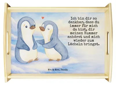 Produktbild von Mr. & Mrs. Panda Tablett Pinguine trösten Design - Weiß - Geschenk, Freund, Hochzeitstag, Valentinstag, holz, Serviertablett, Dekotablett, für Frauen, Partner, Freundin