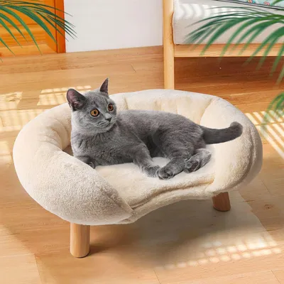 Produktbild von Katzensofa mit Rundem Kissen und Holzbeinen Katzensessel Haustiersofa Katzenbett 50*40*24 cm Beige