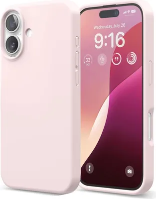 A pink phone case is shown next to an iPhone displaying its lock screen.