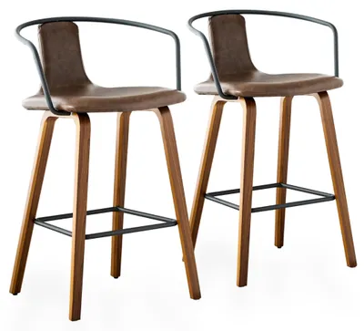 Produktbild von Barhocker 2er Set im skandinavischen Stil mit Armlehnen, Holzbeinen, Polstersitz, 67,5 cm Sitzhöhe und Metallfußstütze, Braun