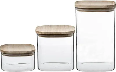 Produktbild von Dosendeckel Fünf – Set aus 3 stapelbaren Glasbehältern mit Holzdeckel