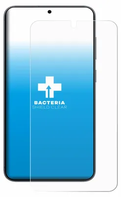 A screen protector for a smartphone, with a blue background and a white cross symbol with an arrow inside.