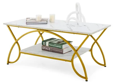 Produktbild von Couchtisch in Marmoroptik, Kaffeetisch mit Ablage und Metallgestell, Wohnzimmertisch, Beistelltisch, Sofatisch für das Wohnzimmer, 100 x 50 x 45 cm (Gold-weiß)