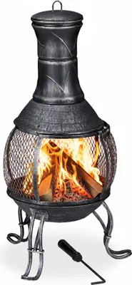 Produktbild von Relaxdays Aztekenofen, Schürhaken, Holzrost, Funkenschutzgitter, Garten, Terrasse, Antik Terrassenofen, Höhe 89 cm, grau