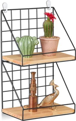 Productafbeelding van Wandrek - 2 etages - Hangend rekje - 41 x 25 x 16 cm - Metaal & houtlook - Industrieel muurrek - Zwart - Natuur