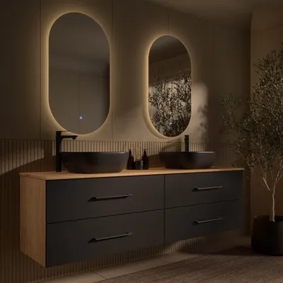 Produktbild von Planetmöbel LUX Badmöbel-Set Waschbecken mit Unterschrank 180 cm Gold Eiche/Anthrazit mit 2 Aufsatz-Waschbecken 42 cm Schwarz & 2 Spiegel 50 cm (ohne LED)