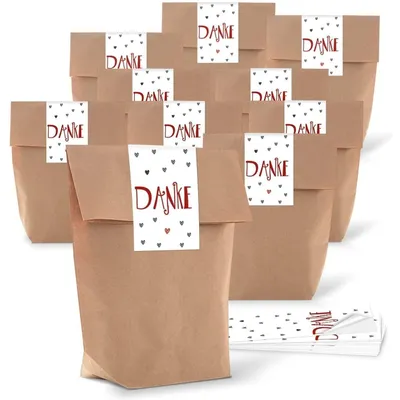 Produktbild von 10 kleine braune Kreuzbodenbeutel 14 x 22 x 5,6 cm + 10 Aufkleber 5 x 15 cm DANKE rot graue HERZEN - Papier-Tüten give-aways Mitgebsel Verpackung als Dankeschön für Gäste Kunden Freunde10 Stück