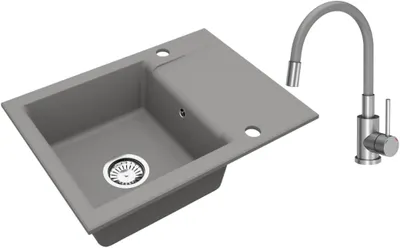 Immagine prodotto di VBChome Lavello in granito grigio 59 x 44 cm con rubinetteria flessibile Lavello da incasso a vasca singola Reversibile Spruzzato Lavello facile da pulire con sifone