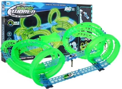 Immagine prodotto di Pista da corsa fosforescente per bambini dai 3 anni in su 360 giri + 2 auto a LED + 2 telecomandi