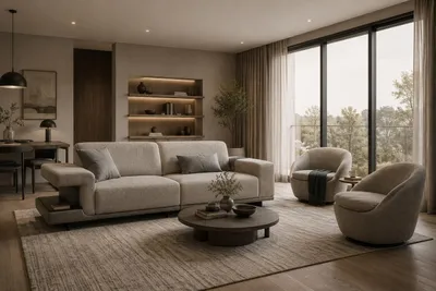 Productafbeelding van Beige gestoffeerde zithoek, design woonkamer set: 3-zitsbank en 2 fauteuils