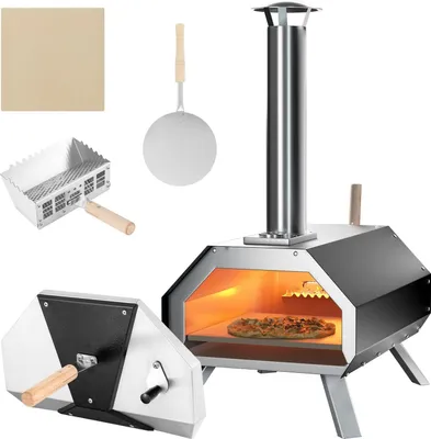 Produktbild von GOPLUS outdoor Pizzaofen, Gartenofen aus Edelstahl mit Pizzastein, Pizzaschieber & Thermometer, tragbarer Holzofen mit faltbaren Beinen für Party, Camping & Picknick, 51 x 38,5 x 83cm, Schwarz