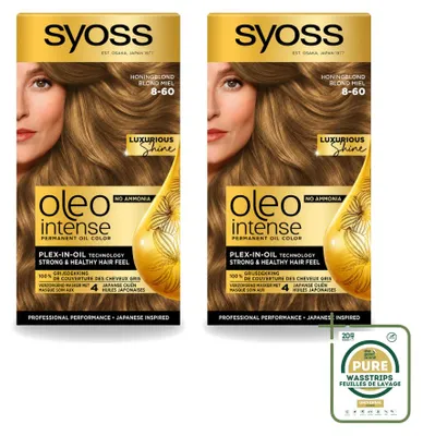 Imagen del producto de 2 unidades de SYOSS Oleo Intense 8-60, tono rubio miel. Tinte permanente para el cabello sin amoníaco. Pack ahorro