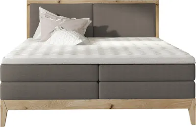 Produktbild von Schlafzimmer Bett Kontinentalbett IDA – Eiche Massivholz, 7-Zonen-Taschenfederkernmatratze, Premium Kaltschaum Topper – Boxspringbett Mit Beleuchtung | 140x200 cm | Dunkelgrau