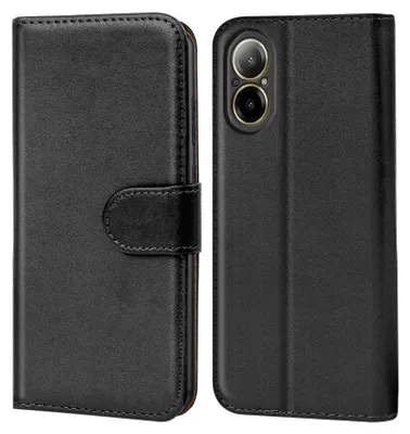 A black flip case for a smartphone, shown from the front and back.