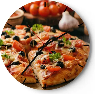 Produktbild von Wanduhr - Rund - Glasuhr - Pizza Käse Tomaten - 30x30cm - Schleichendes Uhrwerk - Lautlos - zum Aufhängen bereit - Dekoration Modern - Wanddekoration aus Glas - C3AR30x30-3907
