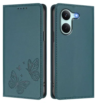 Obrázek produktu pro Kožené pouzdro pro Xiaomi Poco X8 Pro/Redmi Turbo 5, motýlí ražbou, peněženkové flip pouzdro se stojánkem Zelená