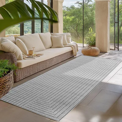 Produktbild von Homebyhome Outdoor Teppich, Modern Boho Design, 3D Effekt, Robust und UV-Beständig, ideal für Terrasse Wohnzimmer & Küche, Grösse: 80x250 cm