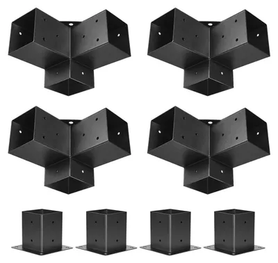 Immagine prodotto di Kit staffe per pergola, 4x4 pollici (dimensioni interne 92 x 92 mm), 4 pezzi Kit di staffe angolari a 3 vie per lavori pesanti Kit base per pali fai da te per lavori in legno, travi in legno di facile installazione per gazebo, pergolati da patio, capanne in legno