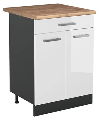 Zdjęcie produktu dla Szafki kuchenne Vicco R-Line Biały wysoki połysk/Antracyt 60 cm z szufladą blat roboczy Dąb Goldkraft, Model 61132