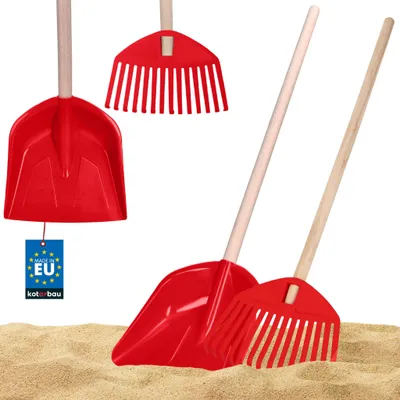 Produktbild von KOTARBAU® Set 2-teilig Kinderschaufel 74cm Sandschaufel mit Holzstiel Laubrechen Kunststoff für Kinder 71cm Laubharke mit Holzstiel PVC Rot