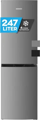 A full-length studio shot of a silver refrigerator.