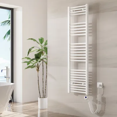 Image de Heilmetz Radiateur électrique pour salle de bain Radiateur sèche-serviettes 140x40cm blanc avec thermostat programmable Chauffe-serviettes mural Acier inoxydable Sans thermoplongeur