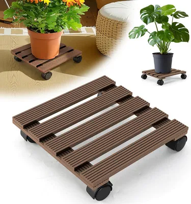 Produktbild von Izrielar 3X WPC Pflanzenroller 30cm, Blumenroller Tragkraft 80 KG, Rolluntersetzer mit Rollen, Kübelroller für Pflanzen, Blumentopf(Eckig, Braun)