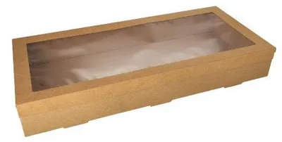 Produktbild von 50 Papstar Transport- und Catering-Kartons, Pappe eckig 8 cm x 25,2 cm x 55,8 cm braun mit separatem Deckel und Sichtfenster aus PET 89017