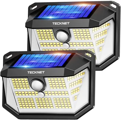 Image de Lampes solaires d'extérieur TECKNET, 【2 pièces】, 231 LED, très lumineuses à 300°, avec détecteur de mouvement, 3 modes, étanches IP65, lampes murales pour mur, poteau, allée, jardin, garage