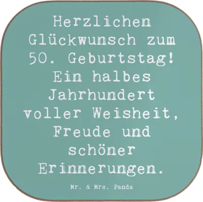 Produktbild von Mr. & Mrs. Panda Untersetzer Glas Spruch 50. Geburtstag - Meeresbrise - Geschenk, gläseruntersetzer, Getränkeuntersetzer, Gläser, besondere Tag, 50 Jahre, Holzuntersetzer