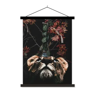 Produktbild von MuchoWow® Textilposter Tiger - Schmetterling - Blumen 90x120 cm mit schwarzem Rahmen - Dekoration