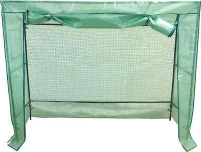 A green greenhouse structure shown from the front.