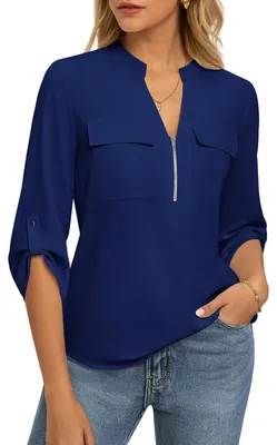Produktbild von Elegante Bluse mit 3/4-Ärmeln – V-Ausschnitt – Dunkelblau