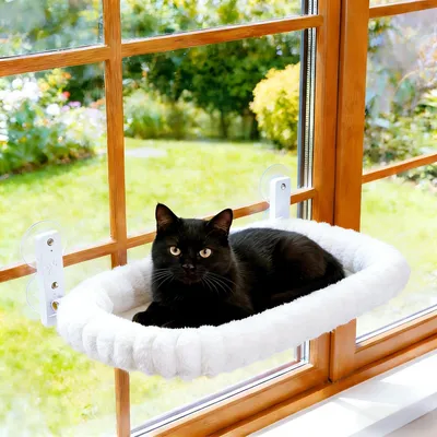 Immagine prodotto di Lettino pieghevole per gatti da appoggiare alla finestra, con 4 ventose, colore bianco/grigio, dimensioni L-52 cm, capacità fino a 18 kg