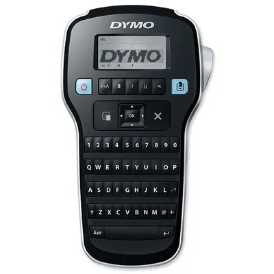 A black Dymo label maker is shown from a front-facing diagonal angle against a white background.