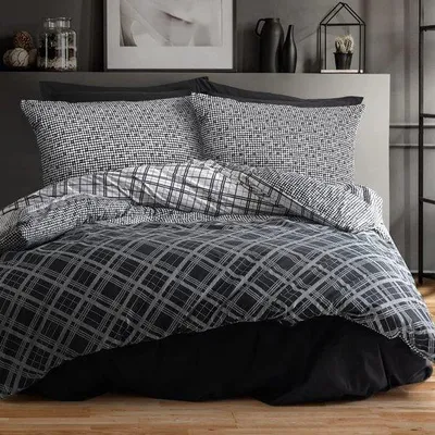 Produktbild von Famanu Bettwäsche 100% Baumwolle Renforce - Modernes Karomuster in Grau, Schwarz und Weiß