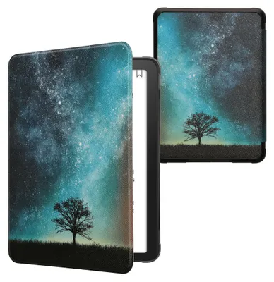 Produktbild von kwmobile Schutzhülle für Amazon Kindle Paperwhite (2024)/Colorsoft Hülle - eReader Flip Case mit Auto Sleep Funktion - Galaxie Baum Wiese mit Blau