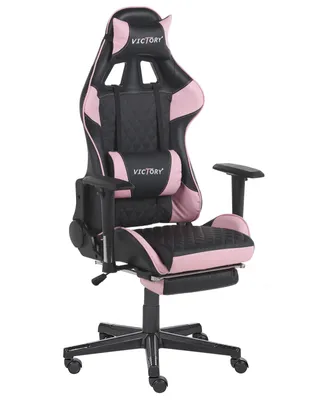 A black and pink gaming chair with a footrest, shown from a front-side angle on a white background.