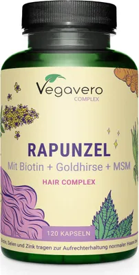 Produktbild von Vegavero Rapunzel | 120 Kapseln | Haar-Komplex mit Biotin, Zink, Selen, Vitaminen, MSM & Pflanzenextrakten | vegan