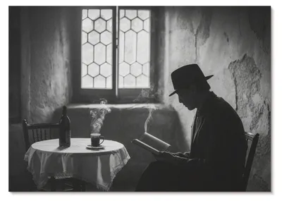 Produktbild von POSTER - 29x21 cm (A4) - Luca "Aero" Romano - Schwarz-Weiß-Atmosphäre, Mann mit Buch, klassische Eleganz -  Wandbild für Wohnzimmer Schlafzimmer & Flur, Modernes Poster Wanddeko, Ungerahmt