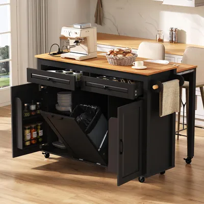 A kitchen island with storage and a pull-out trash bin, set in a kitchen environment with a window view.