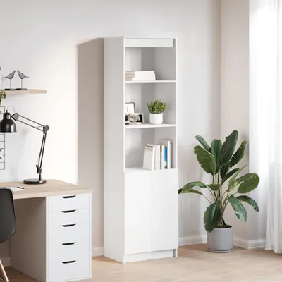 A white highboard is shown in a room with a desk and a plant.