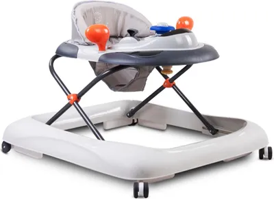 A baby walker with toys is shown against a white background.