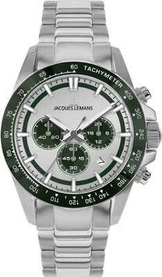 Jacques Lemans 1-2207E Herren-Uhr Chronograph Silberfarben/Grün 1