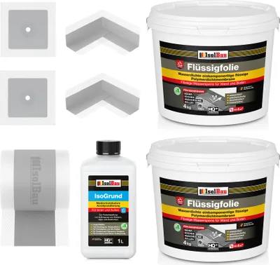 Produktbild von Isolbau Dicht-Set - Inkl. 1x Flüssigfolie (8 kg), 1x Grundierlösung (1 L), 1x Dichtband (5 m), 2x Innenecken & 2x Manschetten
